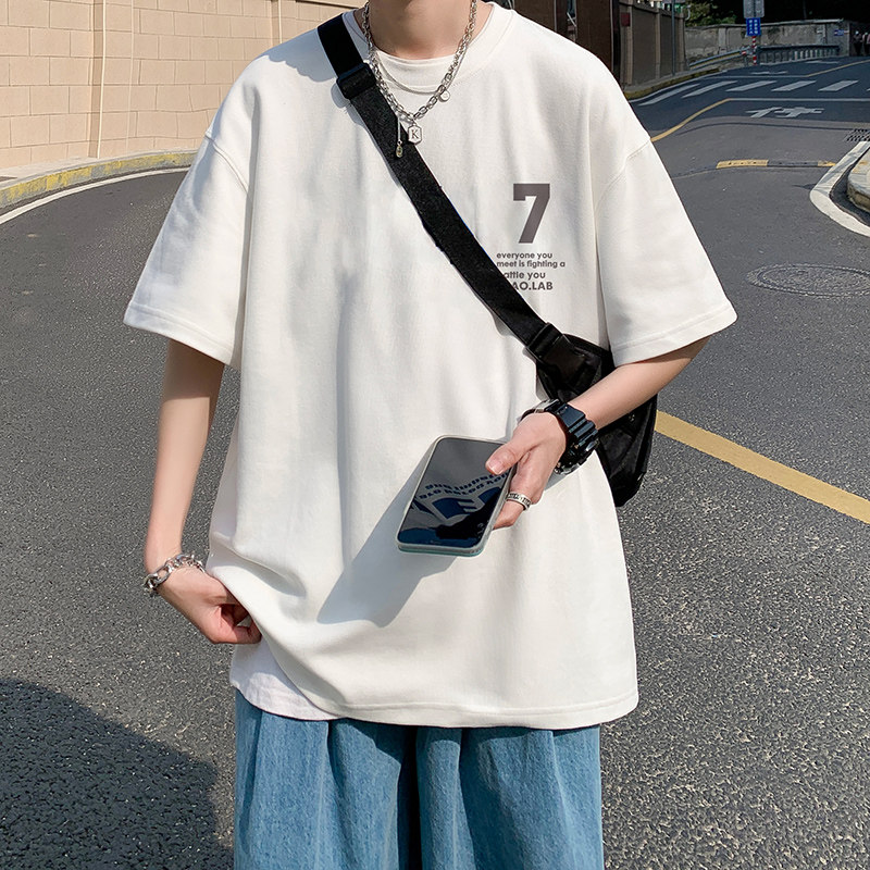 白色短袖男T恤夏天纯棉打底衫圆领宽松痞帅休闲美式体桖上衣潮流图片