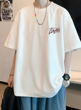 重磅短袖t恤男士2025新款夏季纯棉美式潮牌潮流宽松白色百搭衣服