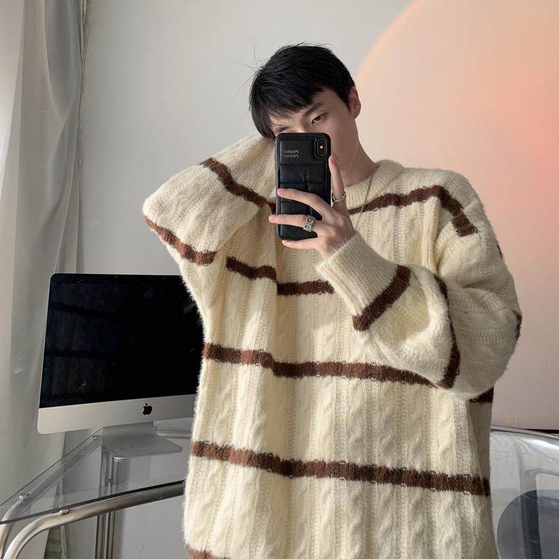 条纹麻花圆领毛衣男士秋冬季潮牌韩版慵懒风休闲重磅针织衫外套男