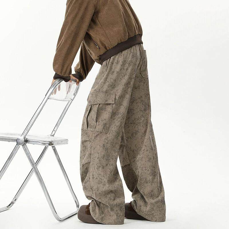 大理石纹灯芯绒裤子男2025春季新款港风潮流褶皱工装裤宽松休闲裤