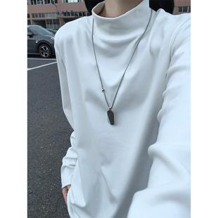 白色德绒半高领卫衣男款秋冬高级感内搭打底衫正肩小领口长袖t恤
