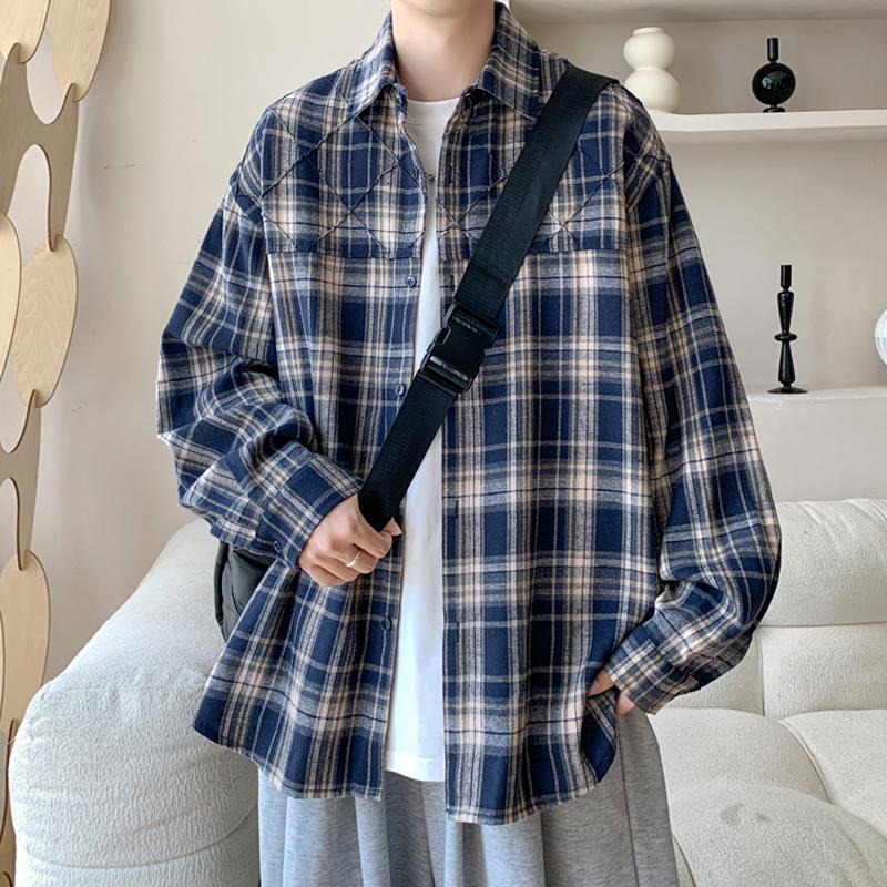 日系复古格子衬衫男士春秋季青少年宽松长袖衬衣外套潮牌休闲上衣