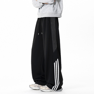 美式拼接裤子男春秋cleanfit三条杠休闲直筒裤潮流宽松运动阔腿裤