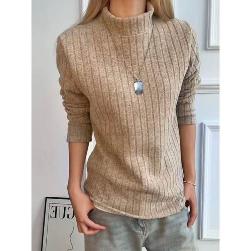 卡其色半高领德绒打底衫男款秋冬松弛感加绒卫衣复古条纹内搭上衣