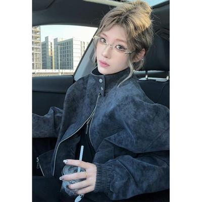 美式复古扎染短款皮衣夹克棉服男款秋冬季潮牌半高领机车棉衣外套