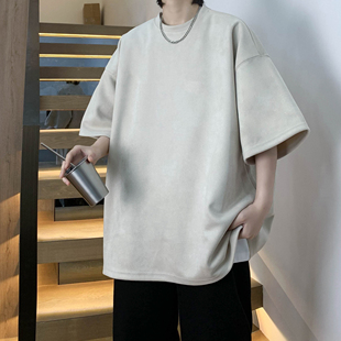 纯色青少年宽松圆领鹿皮绒五分袖 夏季 上衣 t恤男款 重磅麂皮绒短袖