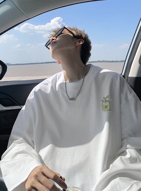 白色长袖t恤男春秋季2025新款美式纯棉重磅设计感打底秋衣上衣服