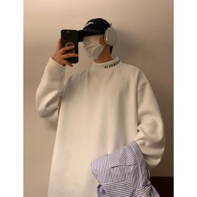 半高领德绒打底衫男秋冬季加绒加厚字母刺绣衣服潮牌美式长袖t恤