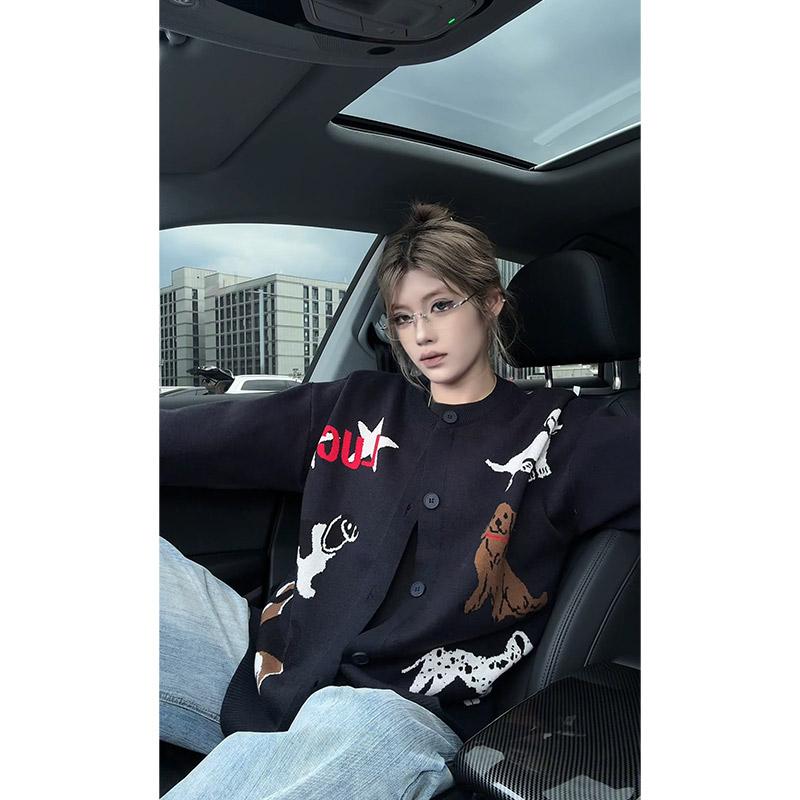 美式趣味小狗毛衣开衫男女2025秋季外套慵懒风卫衣情侣针织衫上衣
