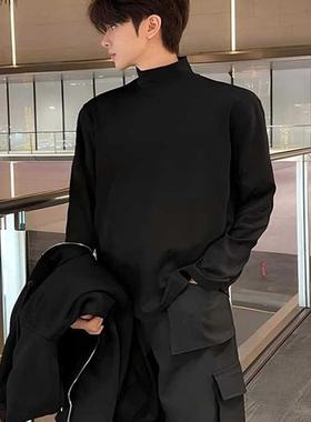 纯黑色双面德绒打底衫男款春秋季内搭半高领卫衣显瘦正肩长袖t恤