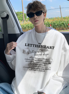 美式纯棉长袖t恤男士秋冬季重磅加绒大码卫衣白色内搭上衣打底衫