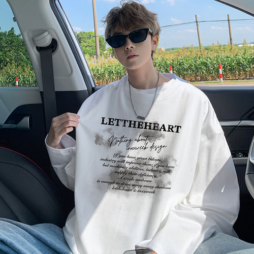 美式纯棉长袖t恤男士秋冬季重磅加绒大码卫衣白色内搭上衣打底衫