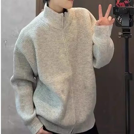 纯色开衫毛衣男秋冬穿搭宽松休闲针织衫立领拉链上衣韩版夹克外套