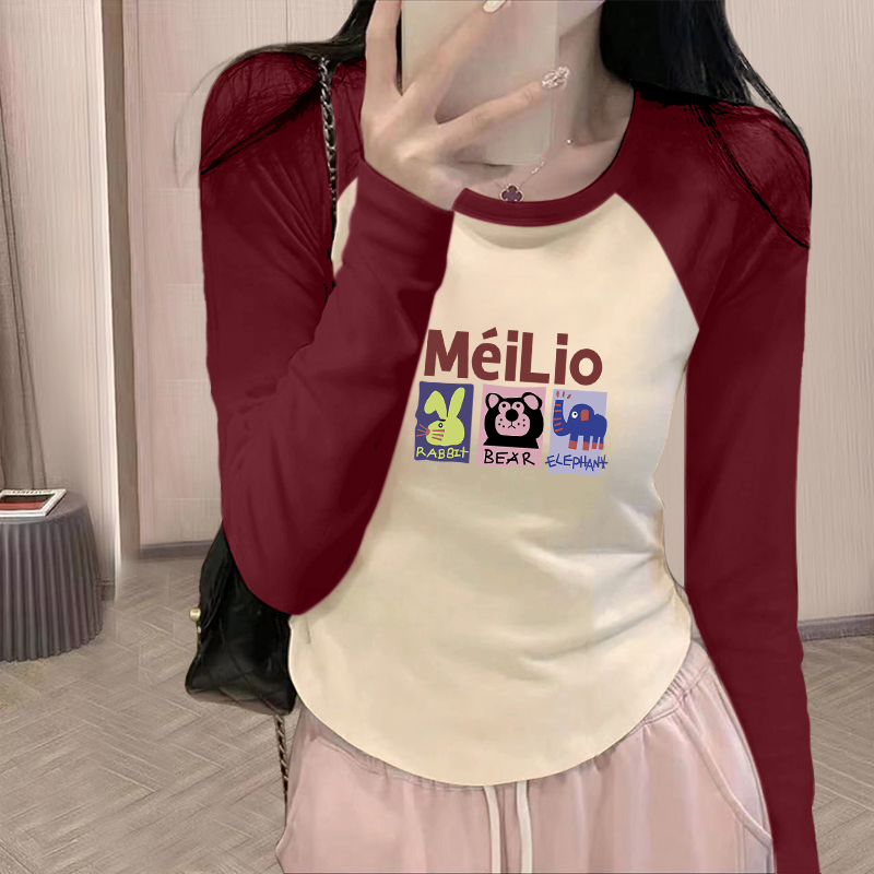 春秋冬新款撞色修身显瘦长袖t恤女棉质插肩袖短款美式打底衫上衣