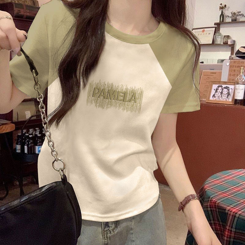 2025夏季新款纯棉插肩短袖T恤女美式印花撞色字母宽松显瘦上衣潮t
