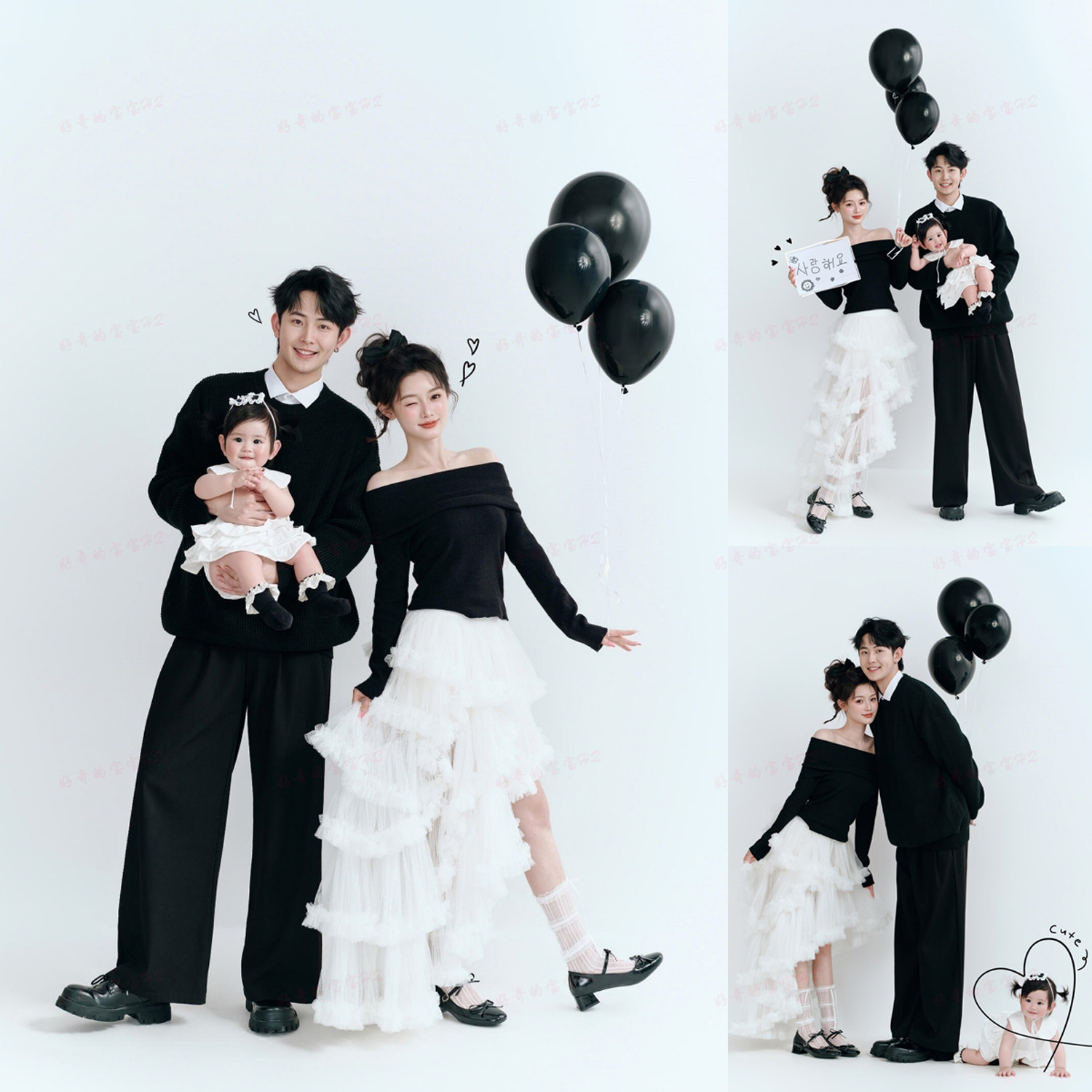 韩系黑白亲子写真服一家三口毛衣