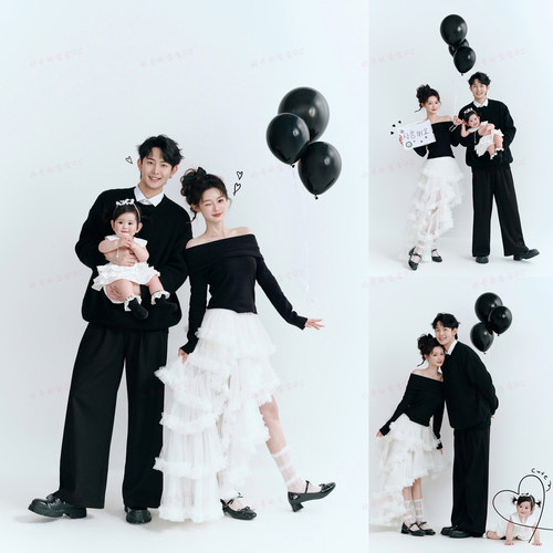 韩系黑白亲子写真服一家三口毛衣