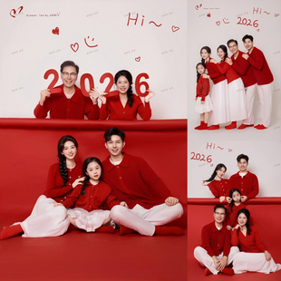 新款影楼亲子装红毛衣新年主题摄影服装家庭装一家五口拍照全家福