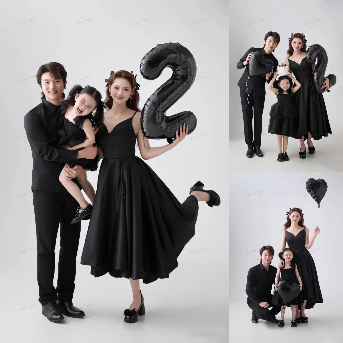 全家福摄影服装家庭装一家三口亲子装影楼拍照吊带小黑裙亲子主题
