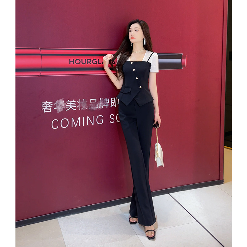 格润2026夏季爆款两件套女新款拼接设计不规则显瘦上衣垂感微喇裤