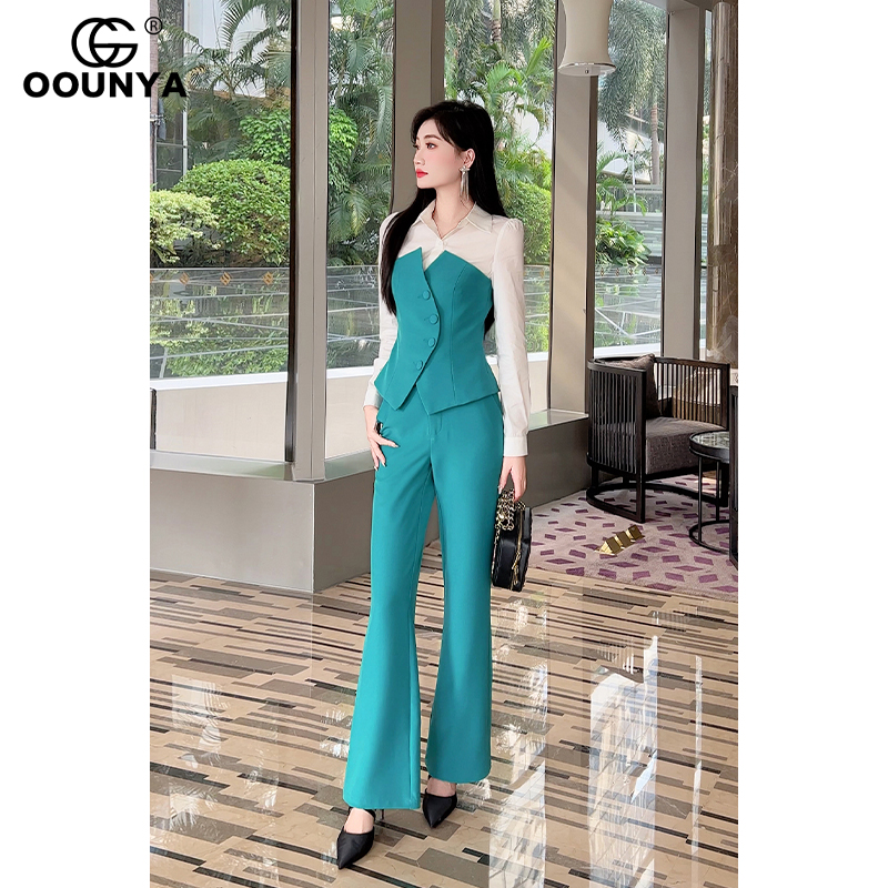 格润雅女装入秋搭配一整套新款气质拼接衬衫高腰微喇裤设计感套装