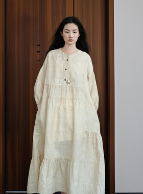 知笔墨2025早秋新品手工纺双宫柞蚕丝拼接设计袍子连衣裙