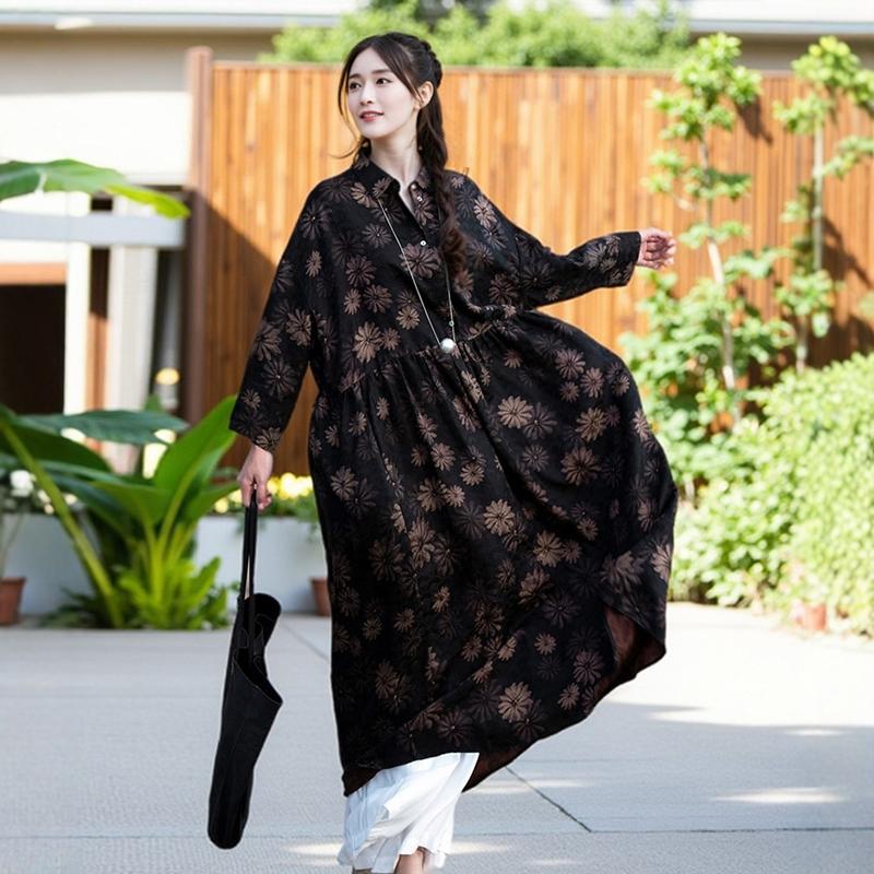 雏菊印花红云纱桑蚕丝真丝连衣裙