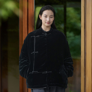知笔墨黑色真丝绒新中式国风立领棉服 2025新品加厚老钱风短外套