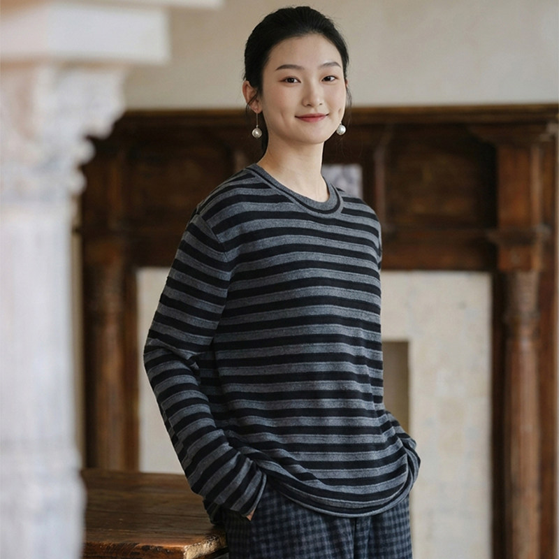 2026新品羊毛复古编织百搭条纹半高领打底衫女 宽松针织长袖T恤,女装/女士精品,T恤,淘宝优惠券,粉丝福利购,淘宝优惠卷