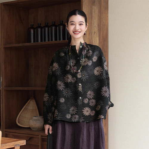 小雏菊印花红云纱桑蚕丝真丝上衣