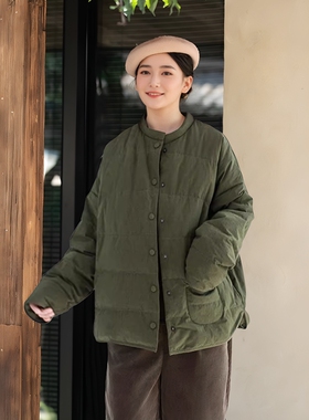 复古军绿色立领户外加厚短款羽绒服女知笔墨新款95白鹅绒登山外套