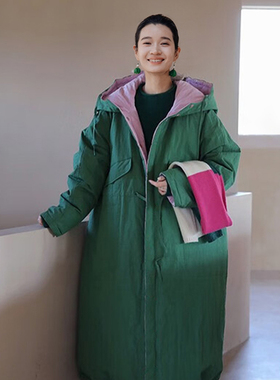 知笔墨两面穿长款连帽羽绒服轻羽绒纯棉新中式复古风高端90白鹅绒