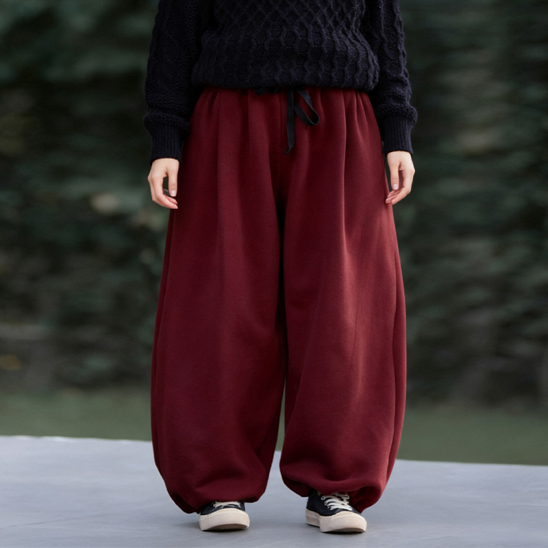 酒红棉毛圈布松紧腰束口针织卫裤