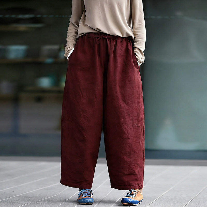知笔墨原创冬季文艺麻夹棉红色休闲棉裤 松紧腰宽松夹棉萝卜裤,女装/女士精品,棉裤/羽绒裤,淘宝优惠券,粉丝福利购,淘宝优惠卷