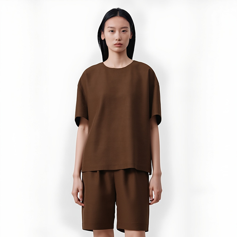 莨绸褐色香云纱宽松圆领T恤女