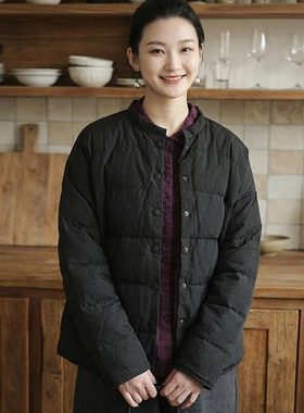 黑色立领派克羽绒服 2025冬日系极简中年白鹅绒外套