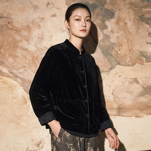 知笔墨2025冬细腻丝绒中式 对襟棉服复古文艺棉衣