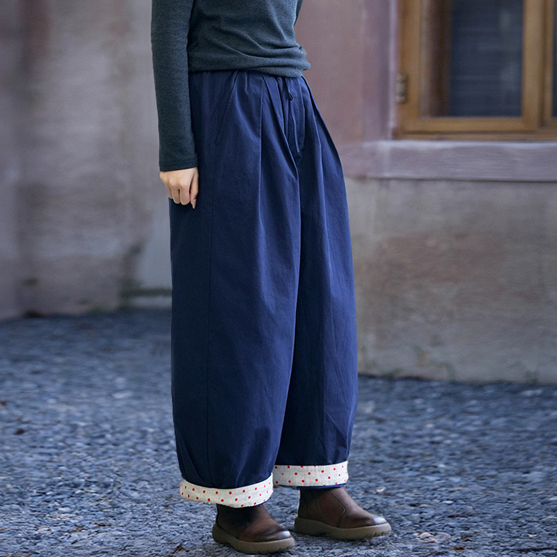 知笔墨2025秋冬休闲裤百搭靛青色高密棉撞色波点松紧腰阔腿棉裤,女装/女士精品,棉裤/羽绒裤,淘宝优惠券,粉丝福利购,淘宝优惠卷