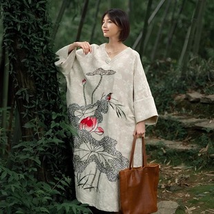 宽松型亚麻手工刺绣V领连衣裙 慵懒风袍子 知笔墨夏季 小众设计大码