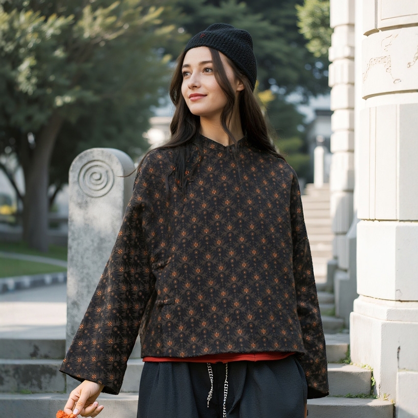 中式棉麻提花黑橙色盘扣外套