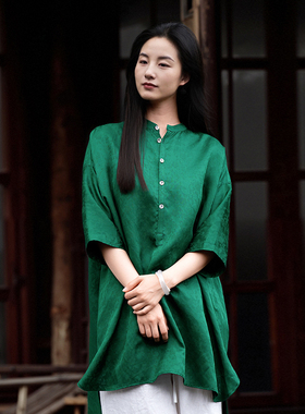 知笔墨夏季设计感高端套头衫女 桑蚕丝祖母绿花萝宽松阔型大衬衫