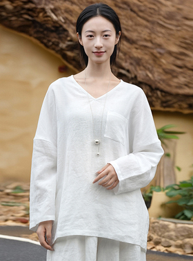 知笔墨原创设计白色汉麻V领长袖上衣女2025新款宽松休闲套头衫