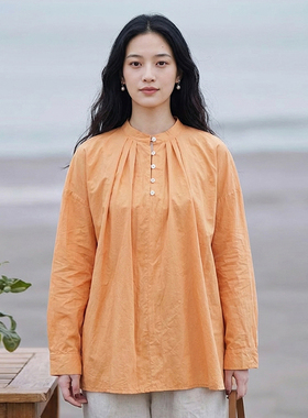 知笔墨橙色匹马棉立领褶皱长袖上衣  2026春季宽松显瘦通勤衬衫