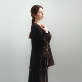 中式 宽松显瘦轻薄外套 植物染桑蚕丝斜襟系带宽松休闲丝绒上衣