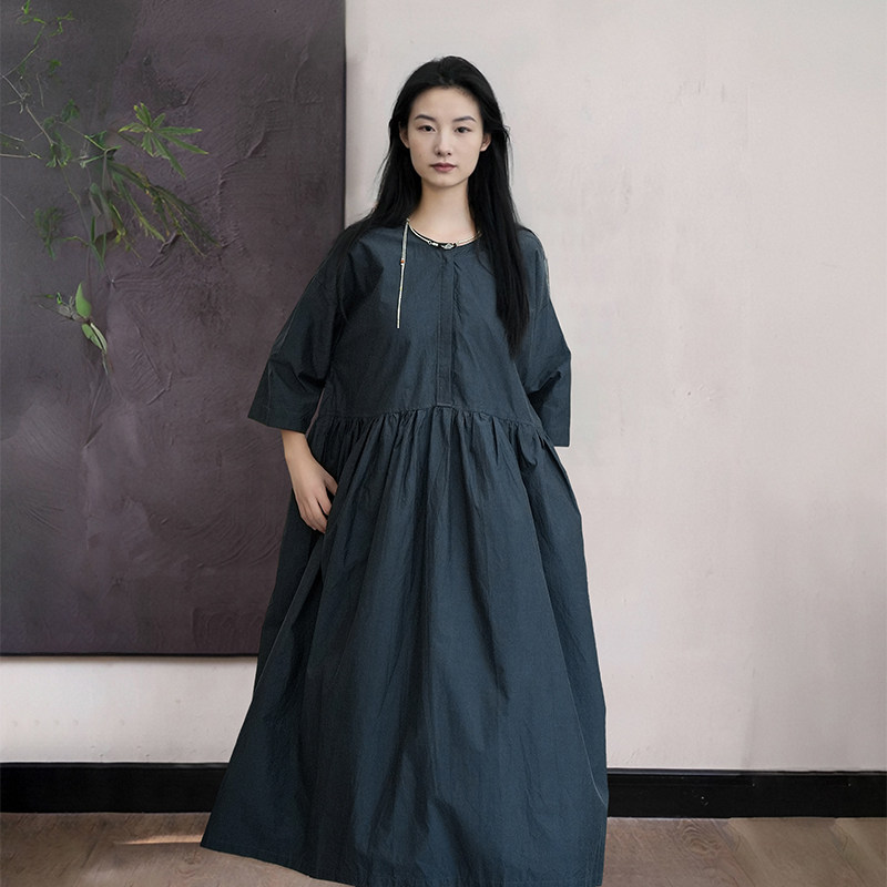知笔墨原创藏蓝色禅意复古连衣裙 2025夏季中袖长袍