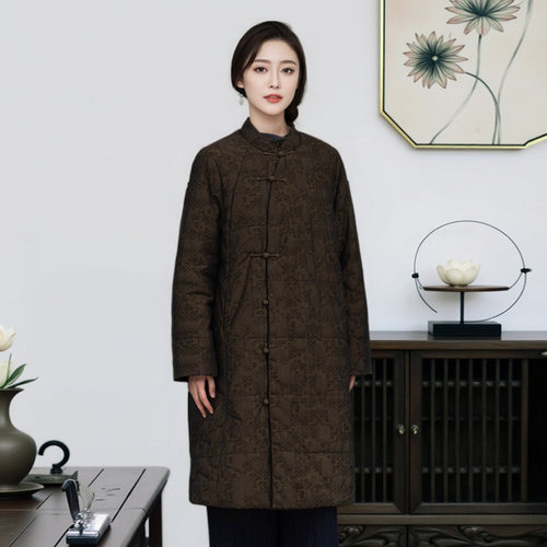 知笔墨国风中式改良版复古提花棉服 手工盘扣加厚保暖过膝外套