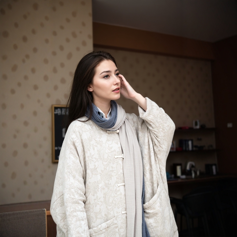 复古高档提花亚麻对襟中式棉袄