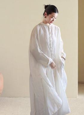知笔墨2025夏新款东方白苎麻轻盈亲肤连衣裙 宽松禅意中式长白袍