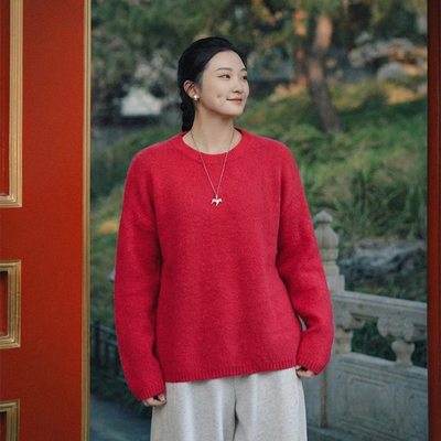红色羊毛拉绒廓形圆领百搭毛衣