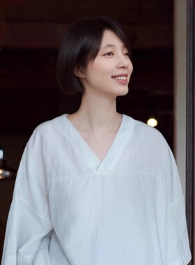 禅意白色汉麻国风宽松T恤 知笔墨2023新品简约宽松遮肚子国风上衣